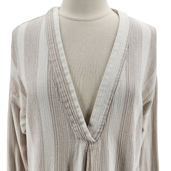 Free People Womens Medium Dress Midi Tunic V-Neck Striped Ivory Boho Hippie - Picture 3 of 14
